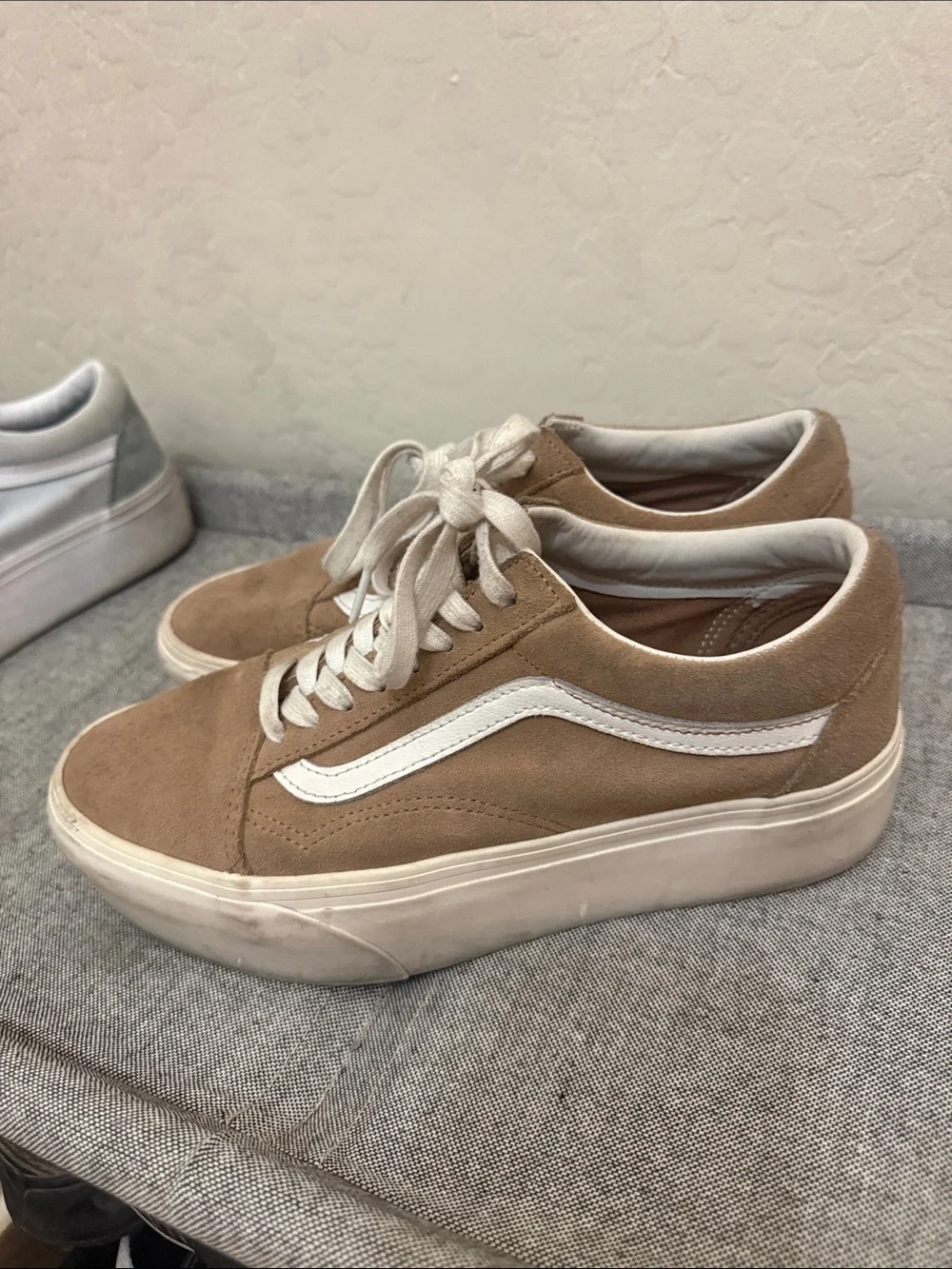 Vans Platform Suede Sneakers in Tan with White Stripe